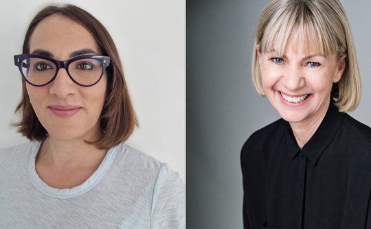 Headshots of Saima Mir and Kate Mosse. Saima has shoulder length brown hair and is wearing glasses and a white top. Kate has short blonde hair and a black shirt, and is smiling at the camera.