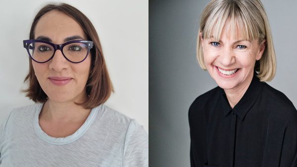 Headshots of Saima Mir and Kate Mosse. Saima has shoulder length brown hair and is wearing glasses and a white top. Kate has short blonde hair and a black shirt, and is smiling at the camera.