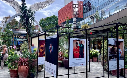 Outdoor art exhibit featuring large photos displayed in a frame structure. People walk around a plaza with plant pots and a large winged sculpture.
