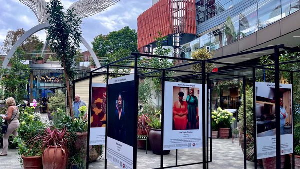 Outdoor art exhibit featuring large photos displayed in a frame structure. People walk around a plaza with plant pots and a large winged sculpture.
