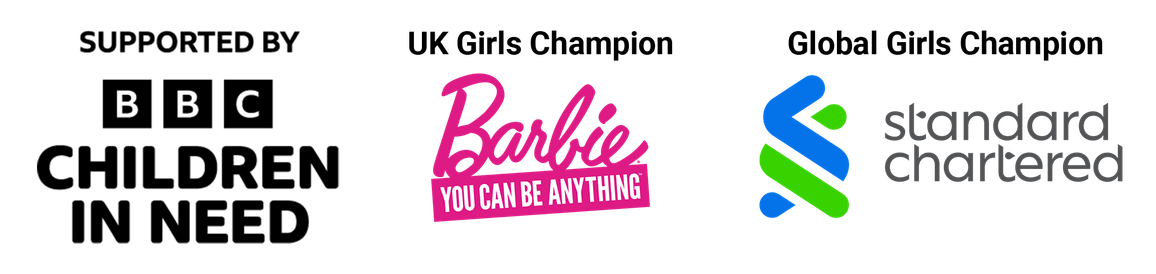 Graphic containing three logos, supported by BBC Children in Need, UK Girls Champion Barbie You Can Do Anything, and Global Girls Champion Standard Chartered